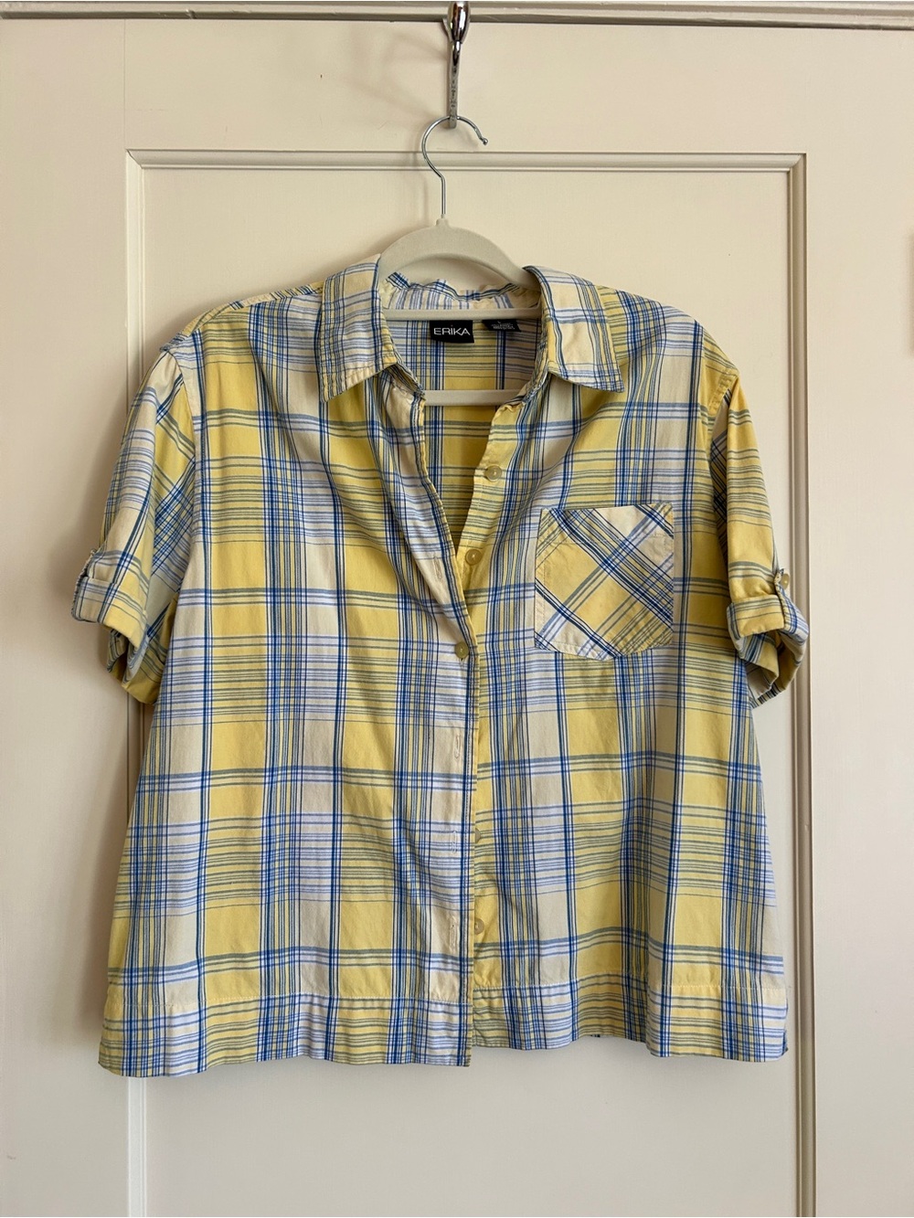 Erika Short-Sleeve Yellow and Blue Plaid Button-Front Shirt